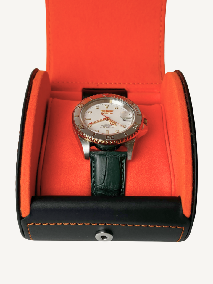 Black Clamshell Watch Case | Orange Lining