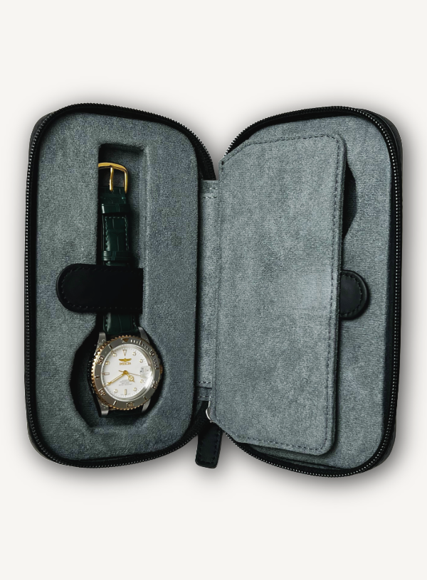 Black Zip Around Watch Case | Dark Grey Lining