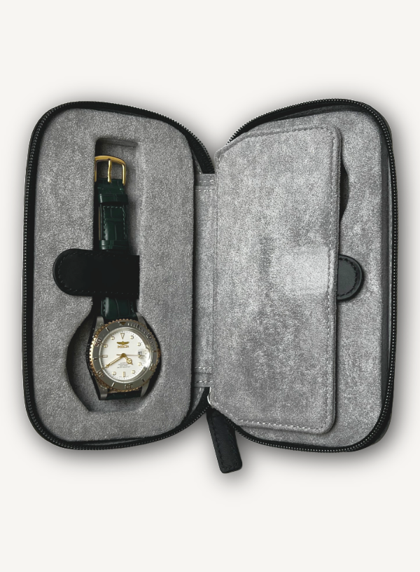 Black Zip Around Watch Case | Grey Lining