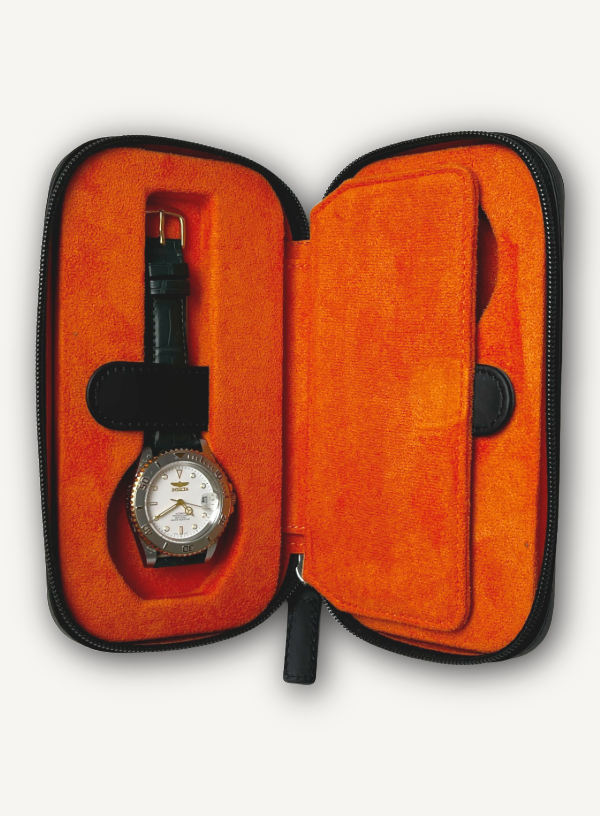 Black Zip Around Watch Case | Orange Lining