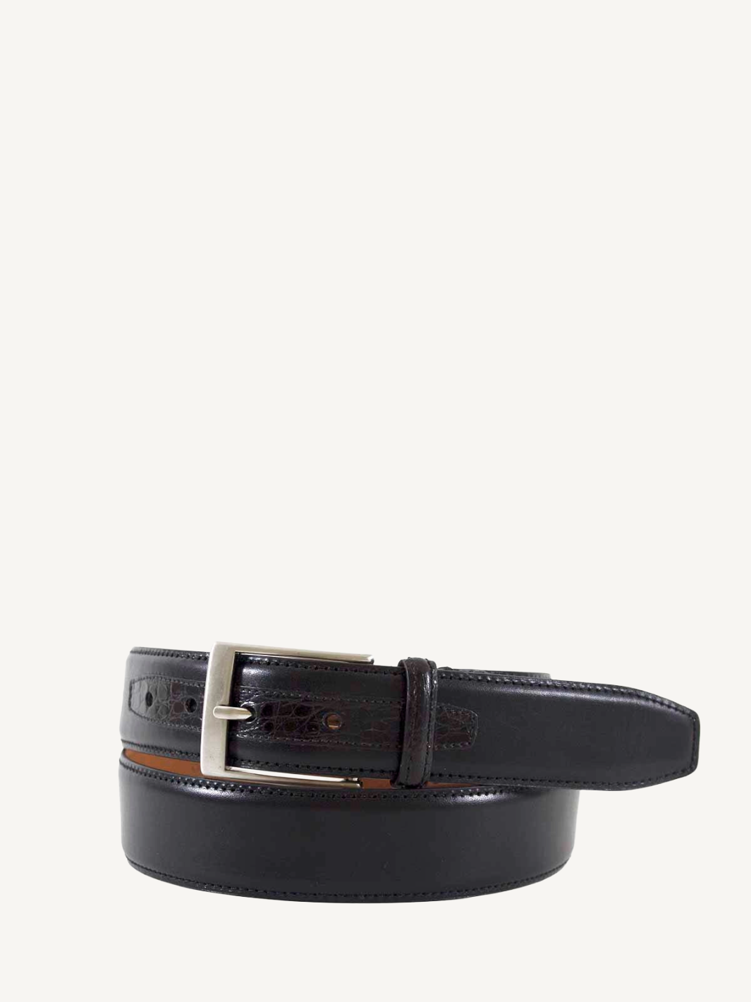 Black Leather Belt with Genuine Crocodile Tab Detail | 1 3/8" Width