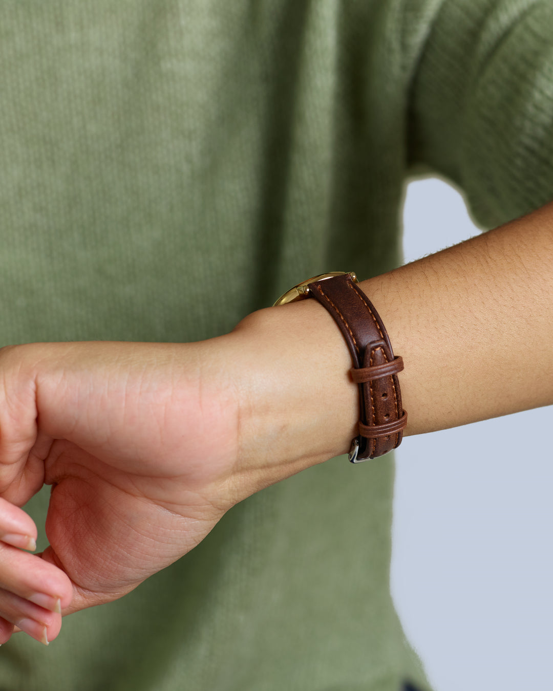 Man Wearing Genuine Oil Tan Leather Watch Band