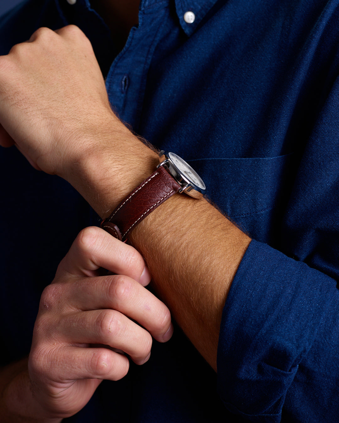 Man Wearing Black Shrunken Grain Leather Watch Band
