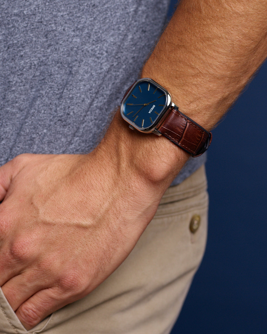 Man wearing Brown Alligator Grain Hybrid Watch Band