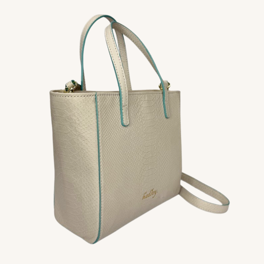 Soft Vanilla Cream and Teal Karmela Python-Embossed Leather Petite Handbag