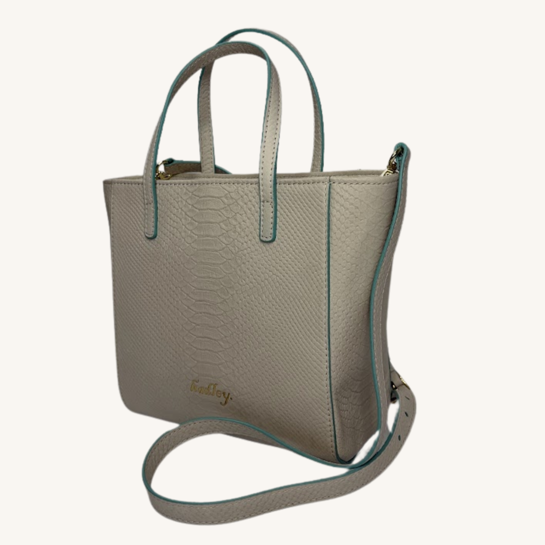Soft Vanilla Cream and Teal Karmela Python-Embossed Leather Petite Handbag