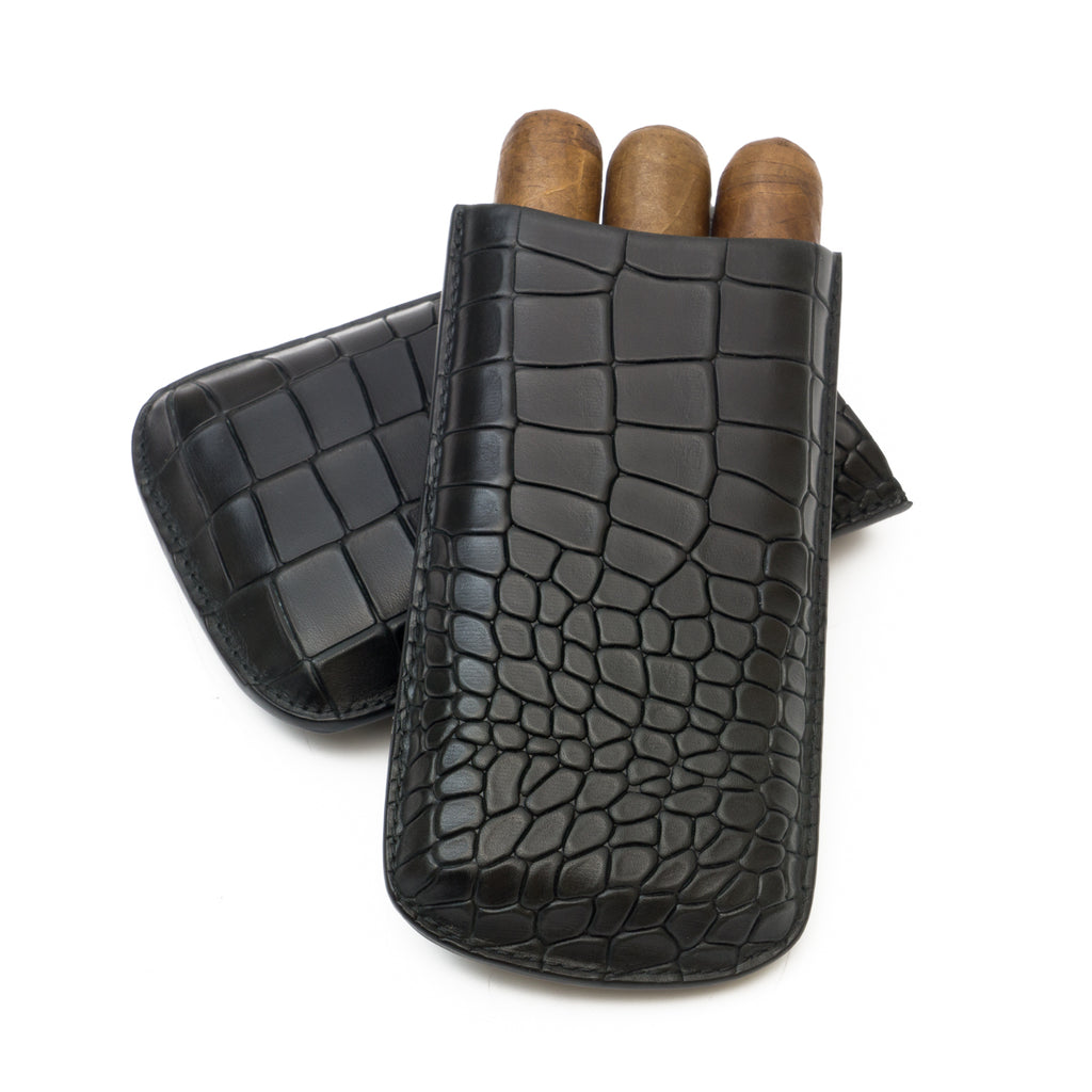 Cognac Deep Crocodile Embossed Big 3-Finger Cigar Case | Made in the USA - Tampa Fuego