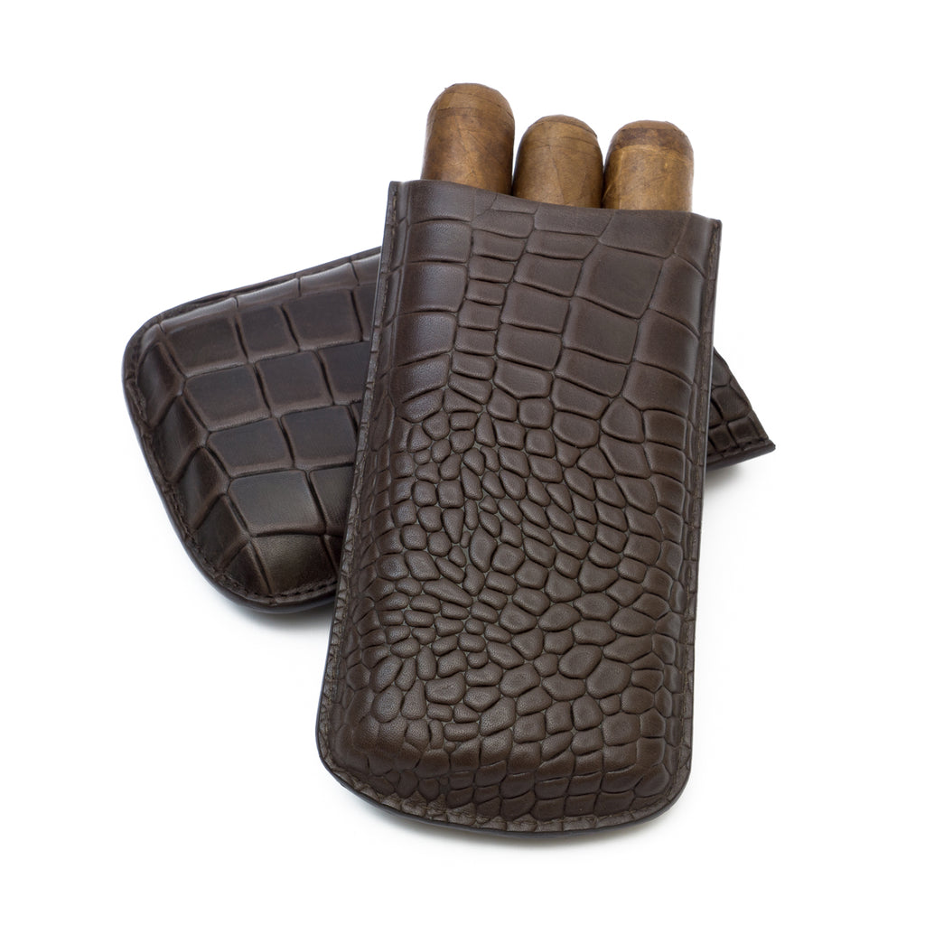 Cognac Deep Crocodile Embossed Big 3-Finger Cigar Case | Made in the USA - Tampa Fuego