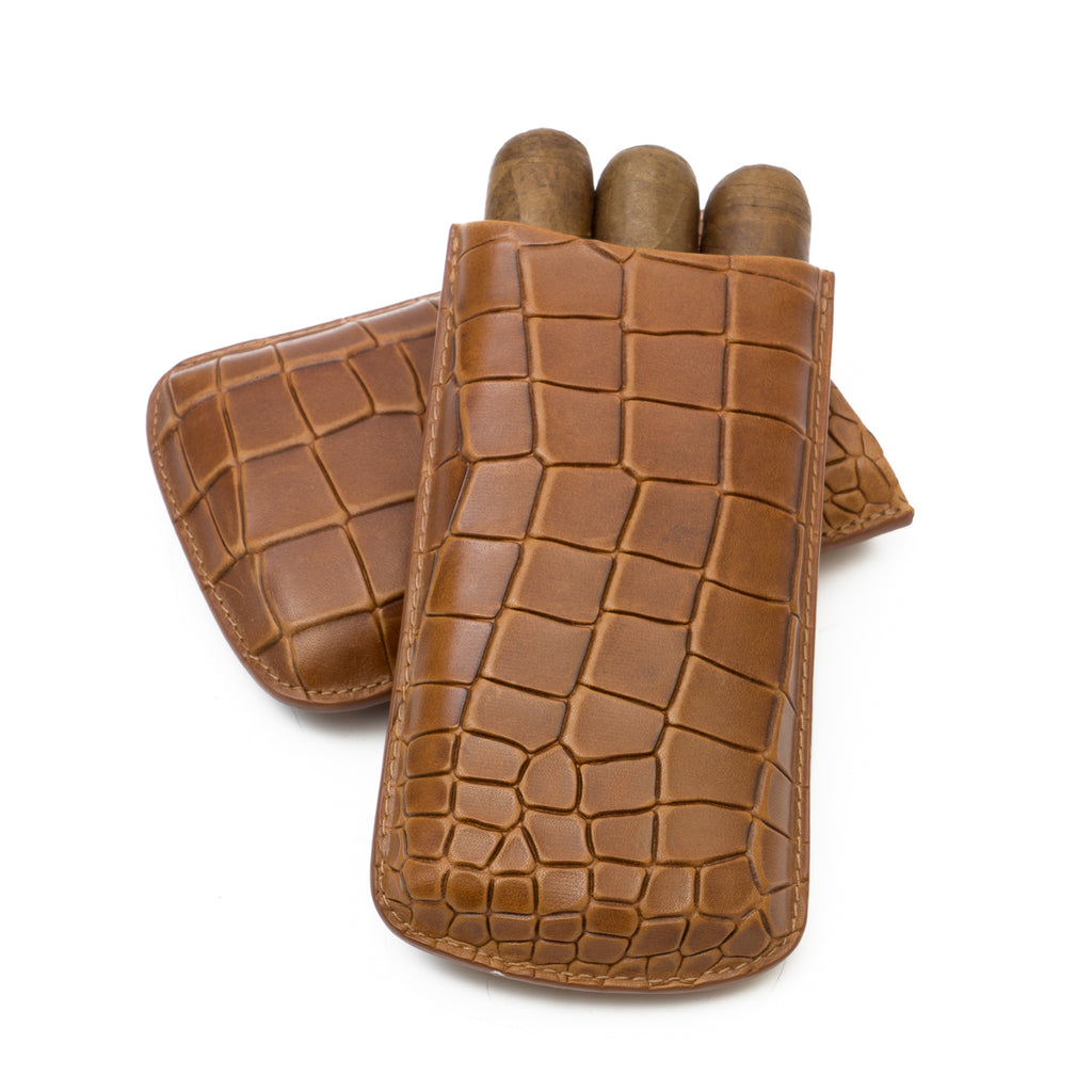 Cognac Deep Crocodile Embossed Big 3-Finger Cigar Case | Made in the USA - Tampa Fuego