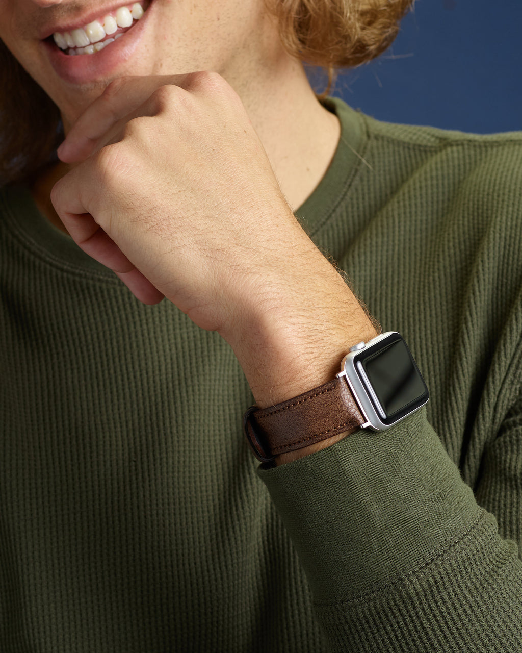 Woman Wearing Green Vintage Microfiber Apple Watch Band