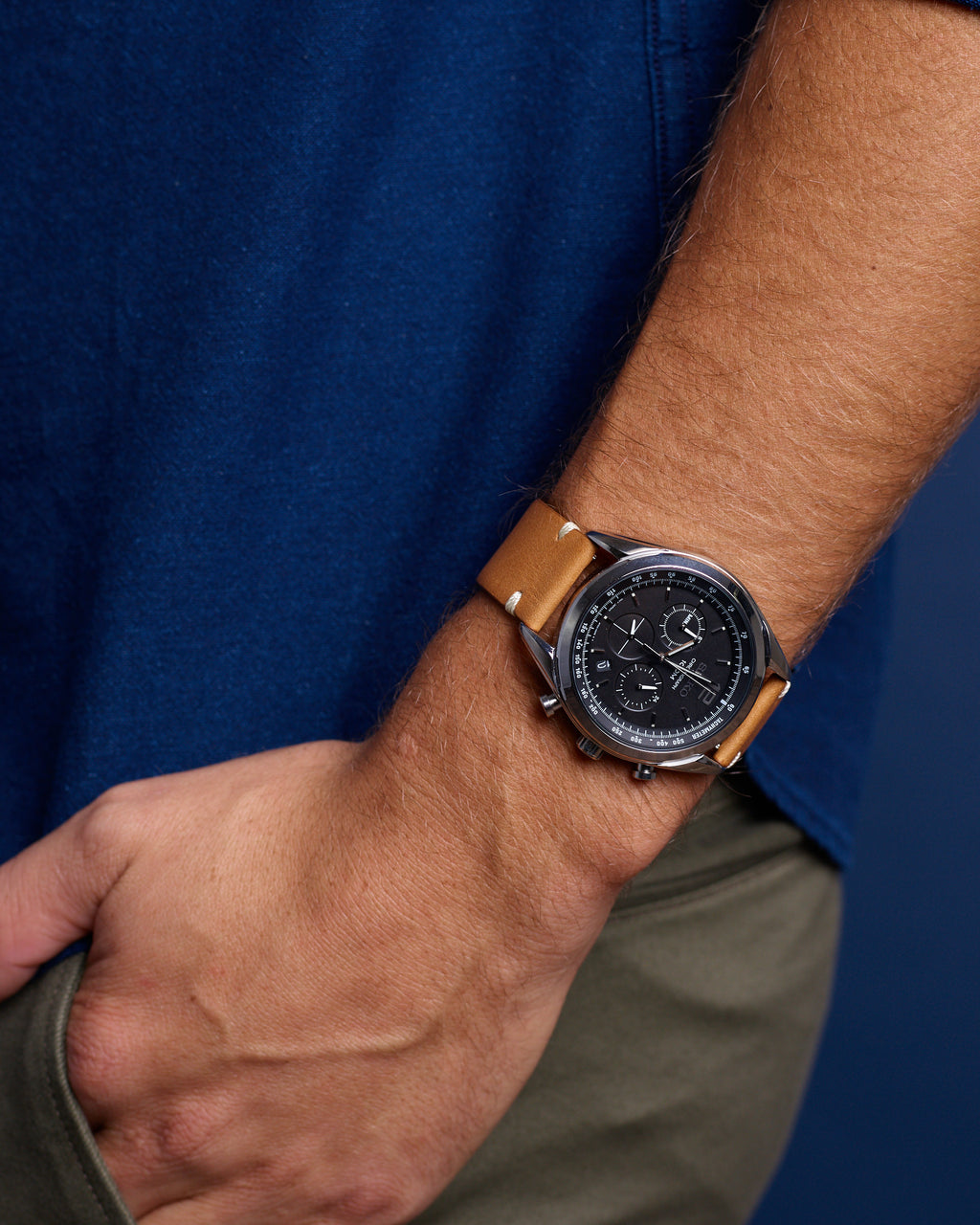 Man Wearing Tan Genuine Leather American-Made Apple Watch Band